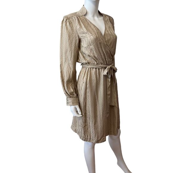 Trina Turk Champagne Silk Chain Faux Wrap Long Sleeve Dress, 0 - Picture 5 of 10